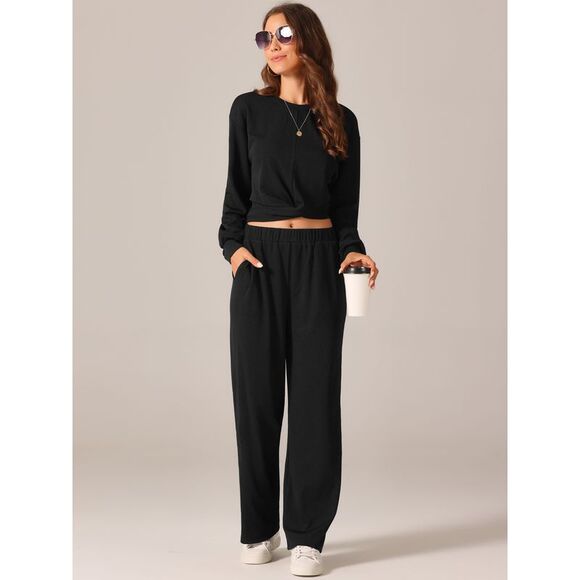 Two Piece Outfits Sweatsuit Sweatshirt Sweatpant Tracksuit Lounge Sets Black - Picture 3 of 6
